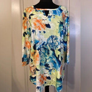 Ruby Rd. Floral‎ Print Scoop Keyhole Neck 3/4 Sleeve Top Size Large